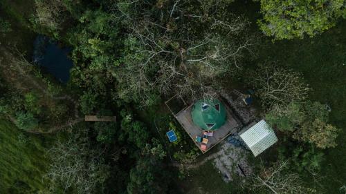 an overhead view of a green boat in a forest at Yátaro Refugio Glamping in La Vega