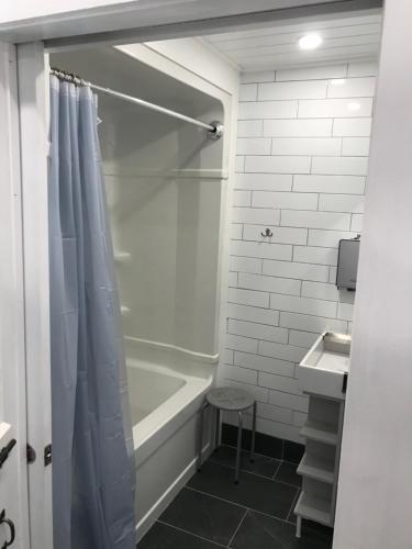 a bathroom with a shower and a tub and a sink at Wild Pines Cabins in Surrey