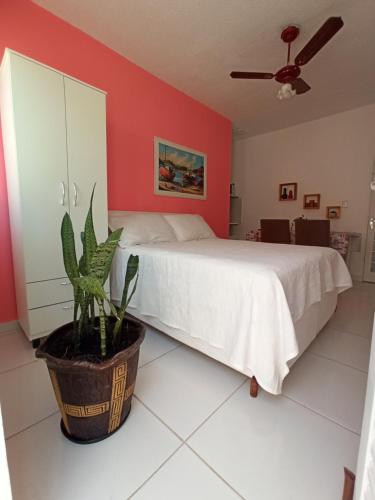 a bedroom with a white bed and a potted plant at Temporada Cuiabana in Cuiabá
