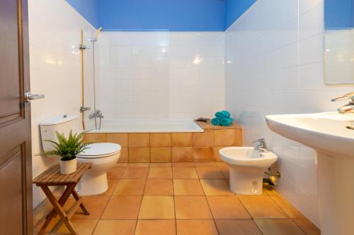 een badkamer met een bad, een toilet en een wastafel bij Mas Darovie in Foixá