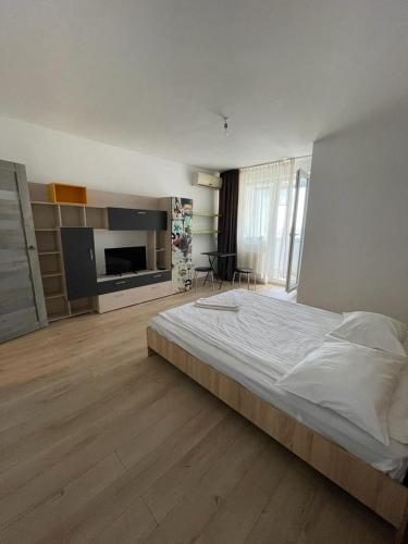 a bedroom with a large bed and a fireplace at Bega Cirumvalatiunii One Room Apartment- 4 in Timişoara