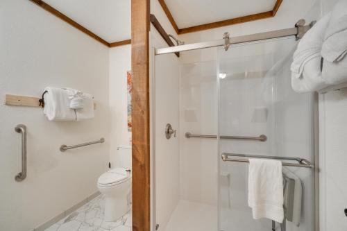 ein Bad mit einer Dusche und einem WC in der Unterkunft Central Sevierville Cabin with Hot Tub and Views! in Sevierville