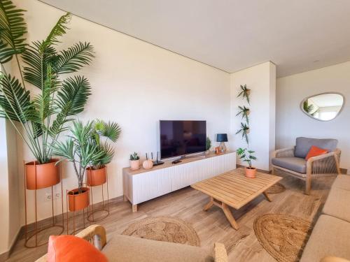 a living room with a flat screen tv and plants at Pé No Mar - sea view in Viana do Castelo