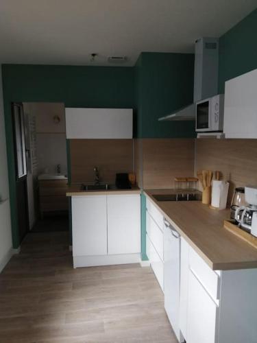 - une cuisine avec des placards blancs et un mur vert dans l'établissement Le Clos Duthu, Ideal curistes, à Bagnères-de-Bigorre