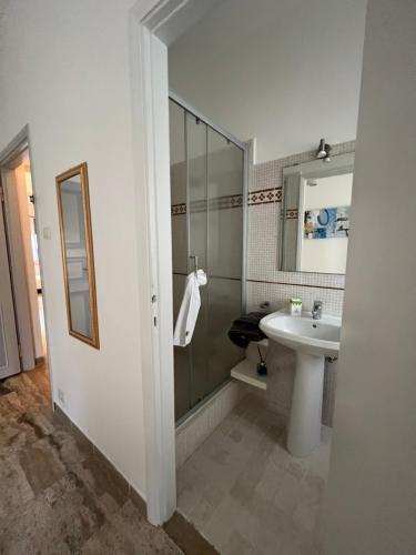 y baño con lavabo, ducha y aseo. en Villa CorteOlivo Rooms, en Torri del Benaco
