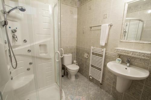 a bathroom with a shower and a toilet and a sink at Hotel Grand in Žilina