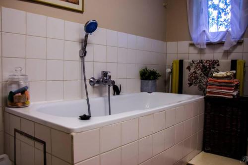 a bathroom with a bath tub with a blow dryer at La maison d'Huguette in Profondeville