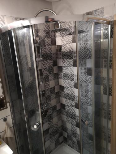 a shower with a glass door in a bathroom at Apartament przy dworcu in Krosno