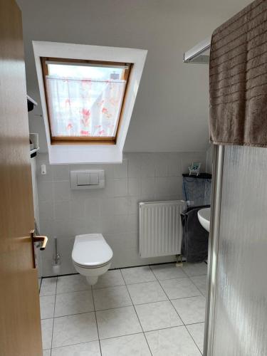 a bathroom with a toilet and a window at Ferienwohnung Am Froschteich in Markranstädt