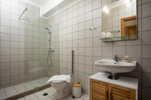 a bathroom with a sink and a shower and a toilet at Margaritas apartments in Symi