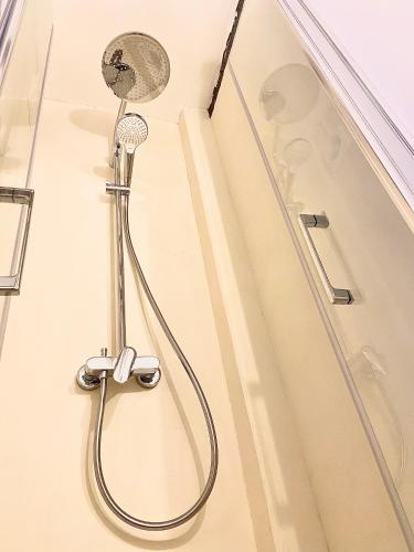 - une douche dans une salle de bains située à côté d'une porte dans l'établissement Electra mini-studio, à Paris
