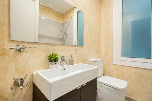 a bathroom with a sink and a toilet and a mirror at SAGRADA FAMILIA C&D Lovely Apartment in Barcelona