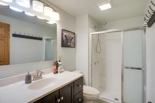 Greenfield的住宿－Spacious Missouri Vacation Rental with Fire Pit!，白色的浴室设有水槽和淋浴。
