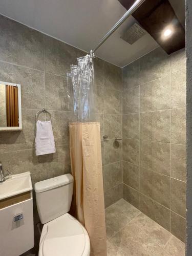 ein Bad mit einem WC und einer Dusche in der Unterkunft Casa da Rota in São Roque