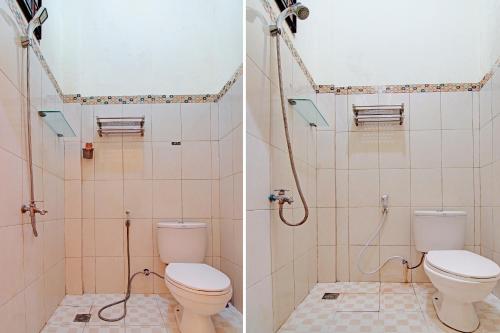 two pictures of a bathroom with a toilet and a shower at OYO 92455 Hadhilfa Homestay Syariah in Pekanbaru