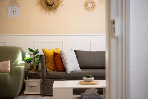 ein Wohnzimmer mit einem Sofa und einem Tisch in der Unterkunft LE CITADIN - CENTRE VILLE - MUSEE AUTOMOBILE - Parc EXPO in Mulhouse