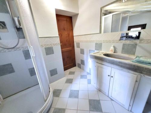 uma casa de banho com um lavatório e um chuveiro em Le Mulina em Barberino di Mugello