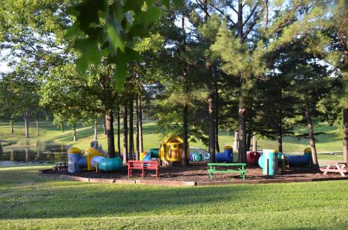 a park with a bunch of playground equipment in the grass at Ole Hickory w/Firepit HotTub in Ridgedale