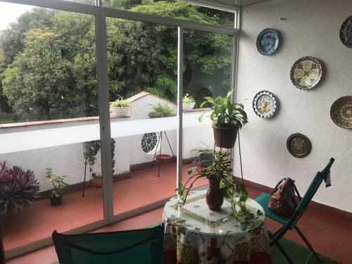 a room with a table with plants on a balcony at CASA ACOGEDORA ACORDE A TU ESTILO in Palmira