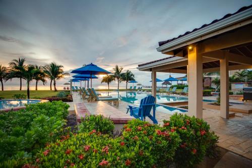 a swimming pool with blue chairs and umbrellas at Seiri del Mar in Hopkins