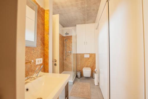 a bathroom with a sink and a shower and a toilet at Casa el Goce - Luxury Villa, private pool, BBQ and bathtub in Tijarafe
