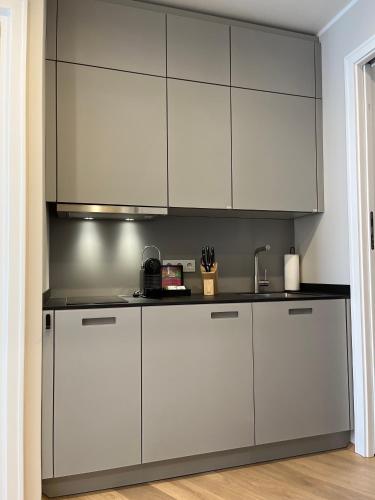 a kitchen with white cabinets in a room at Luxury Home / 2-Raum-Apartment an der Frauenkirche in Dresden