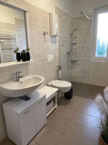 a bathroom with a sink and a toilet and a shower at Ferienwohnung Fuchsbau Jüterbog in Jüterbog