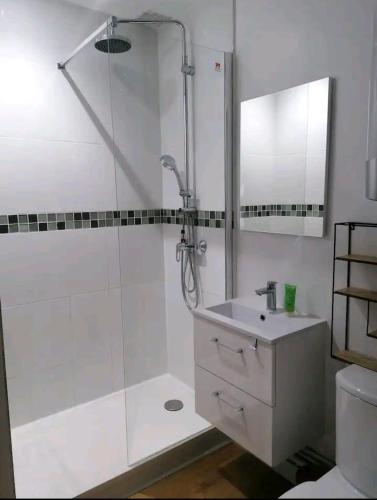 une salle de bain blanche avec une douche et un lavabo dans l'établissement Studio douillet proche plage, à Arcachon