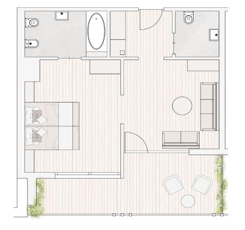 a floor plan of a room with a kitchen at Anett hotel in Vipiteno