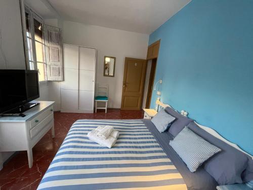a blue bedroom with a bed and a television at P&R hostals Can Tort in Tossa de Mar