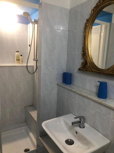 a bathroom with a sink and a mirror and a shower at Rio Rest Apartments in Riomaggiore