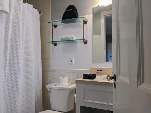 a bathroom with a toilet and a sink and a mirror at Stanton House Inn in Greenwich