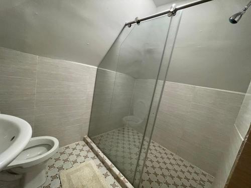 y baño con ducha y aseo. en Cabaña Yalis SAS, en Cartagena de Indias