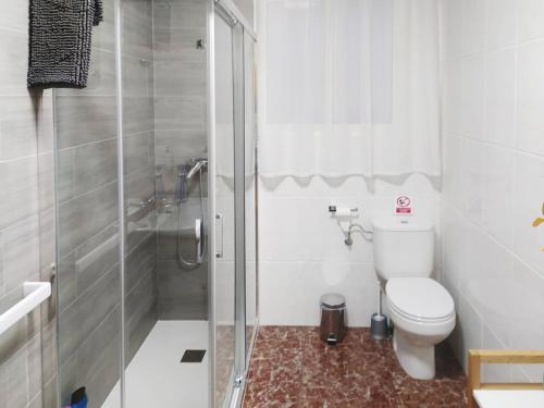 a bathroom with a toilet and a glass shower at Alojamiento Santa Ana in Cazorla