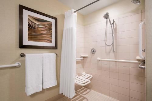 y baño con ducha y aseo. en Courtyard by Marriott Glenwood Springs, en Glenwood Springs