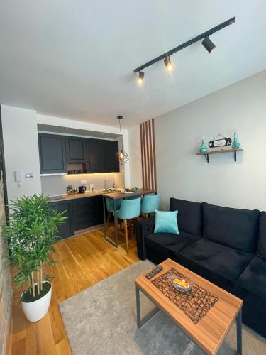 a living room with a black couch and a table at Apartman Bella, Titova Vila, Zlatibor in Zlatibor