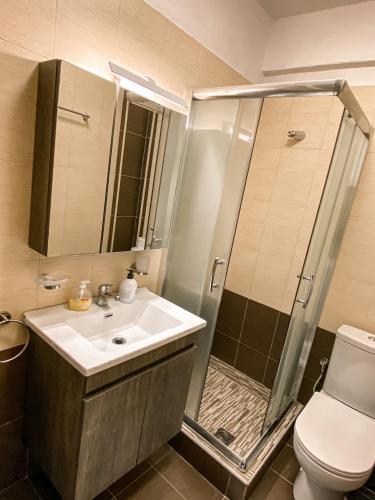 a bathroom with a shower and a sink and a toilet at Luxury Equiped Apartment - Olympic Beach in Olympic Beach