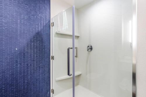 a shower with a glass door in a bathroom at Fairfield Inn & Suites by Marriott Dallas DFW Airport North Coppell Grapevine in Coppell