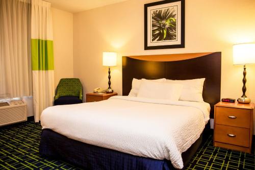 a hotel room with a large bed and a chair at Fairfield Inn & Suites Fredericksburg in Fredericksburg