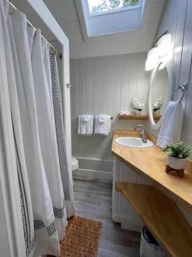 a bathroom with a shower curtain and a sink at Spacious 1 Bedroom Cottage Close to Everything 3 in Edgecomb