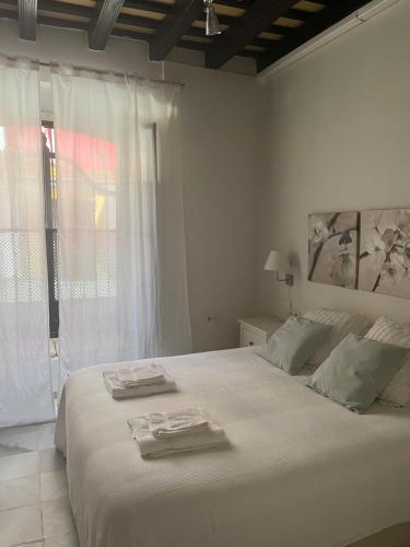 Un dormitorio blanco con una cama grande con toallas. en Jardin Bizcocheros, en Jerez de la Frontera
