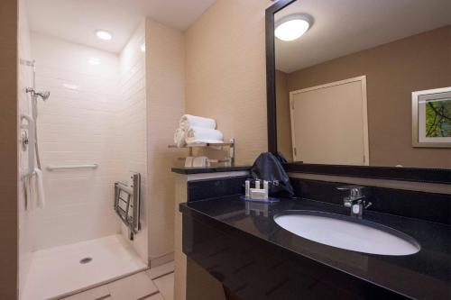 La salle de bains est pourvue d'un lavabo, d'une douche et d'un miroir. dans l'établissement Fairfield Inn & Suites by Marriott Lynchburg Liberty University, à Lynchburg