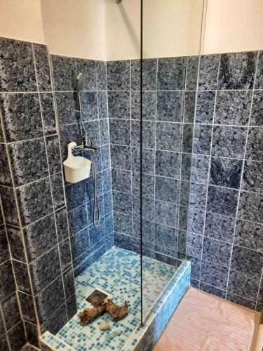 a bathroom with a shower with a glass door at Olga's appartments in Ouranoupoli