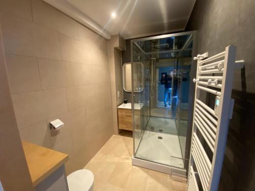 a bathroom with a shower and a toilet at Parc Beausejour Aparthotel in Dieppe