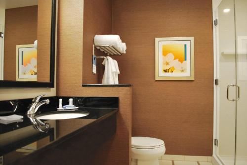 a bathroom with a toilet and a sink and mirror at Fairfield Inn & Suites by Marriott Springfield Northampton/Amherst in Northampton