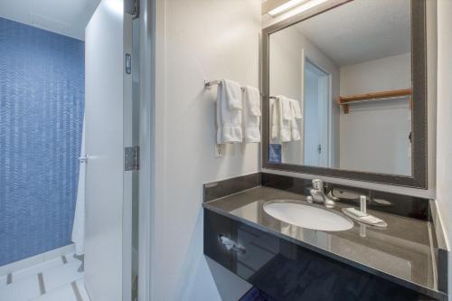 a bathroom with a sink and a mirror at Fairfield Inn & Suites Raleigh Crabtree Valley in Raleigh