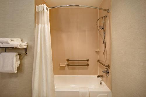 a bathroom with a tub and a shower with a shower curtain at Fairfield Inn & Suites by Marriott Atlanta Kennesaw in Kennesaw