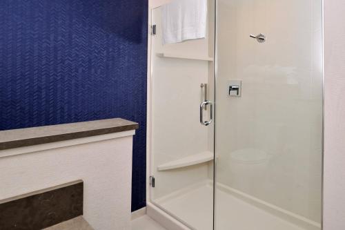 baño con ducha y puerta de cristal en Fairfield Inn & Suites by Marriott Canton, en Canton
