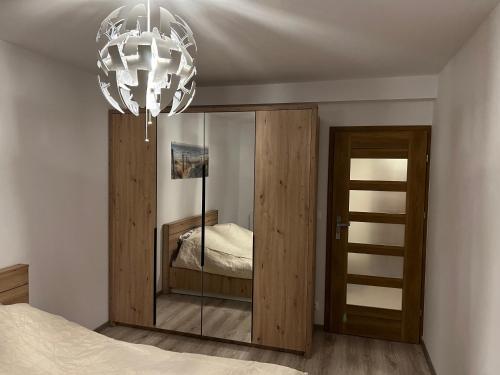 克拉科夫的住宿－Apartament Zlota Jesień 2C，一间带镜子和吊灯的卧室