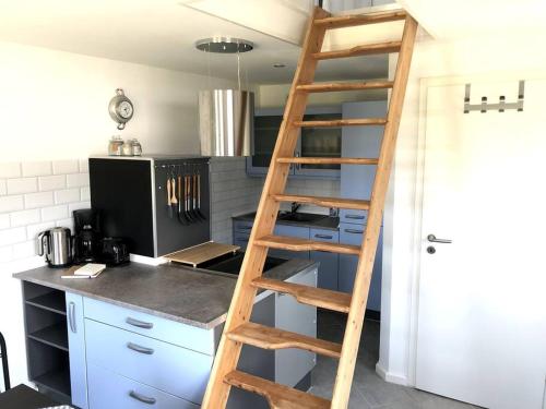 a wooden ladder in a kitchen with a counter at "Kleine 4" Idyllisches TinyHouse an der Nordsee in Norden